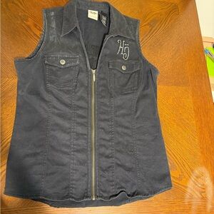 Black Denim Harley Davidson Vest with Embroidered Detail